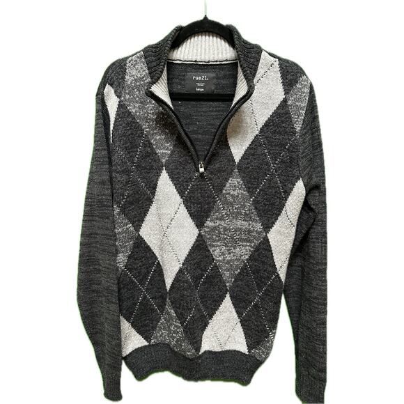 Rue21 Argyle Quarter-Zip Sweater Men’s Large Gray Black White Pullover - Picture 1 of 8